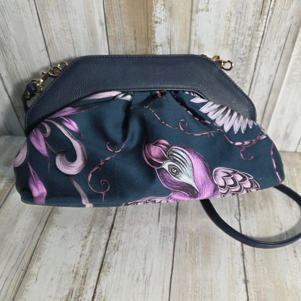 Vintage Navy Leather & Purple Bird Print Reversible Frame Clutch Crossbody Bag - Picture 5 of 6